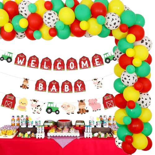 Bauernhoftier Babyparty Dekorationen für Jungen Mädchen Rot und Gelb Ballon Girlande Dekorationen Bauernhof Thema Willkommen Baby Banner Tier Folienballons für Bauernhof Bauernhof Thema Babyparty von Kreatwow