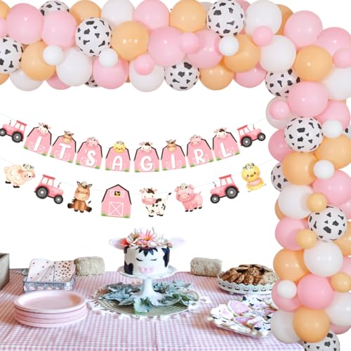 Bauernhoftier Babyparty Dekorationen für Mädchen Rosa und Aprikose Ballon Girlande Dekorationen Bauernhof Thema Girlande It's A Girl Banner Tier Folienballons für Barnyard Bauernhof Thema Babyparty von Kreatwow