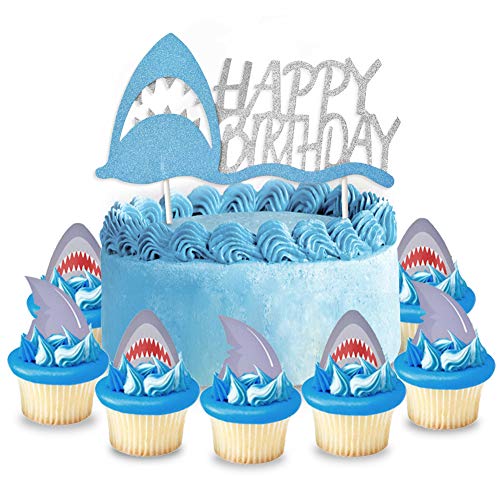 Kreatwow EIN Haifisch Cake Topper Tortenaufsätze Geburtstag Glitter Haifischzähne Cupcake Toppers X 24 für Haifisch Geburtstag Party Supplies von Kreatwow