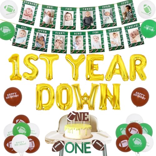 First Year Down Football Decorations Football One Highchair Banner Boy Football One Tortenaufsatz Football 1. Geburtstag Fotobanner für Partys im Freien von Kreatwow