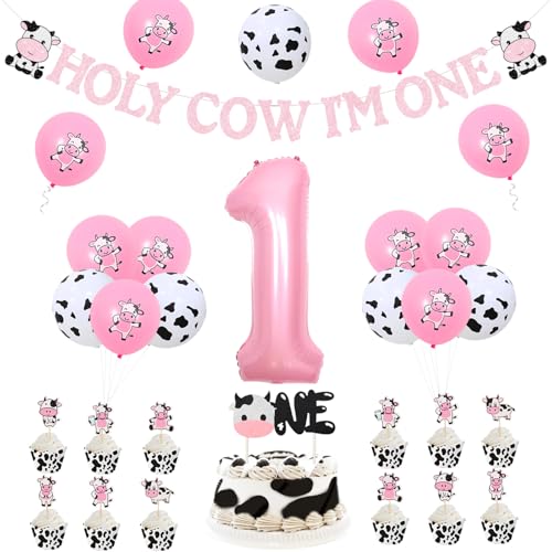 Holy Cow Im One Geburtstag Dekorationen Banner für Mädchen Kuh Druck Latex und Kuhkopf Nummer Eins Folienballons Rosa Kuh Kuchen Cupcake Topper für Nutztiere 1. Geburtstag Party Supplies von Kreatwow