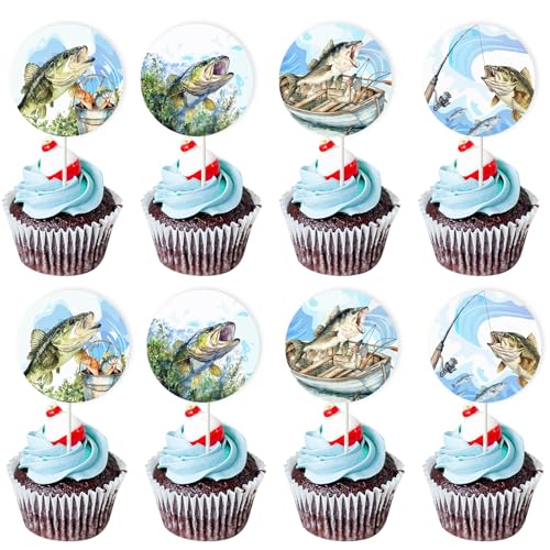 Kreatwow 24pcs Bass Fishing Cupcake Toppers Bass Fishing Geburtstag Party Dekorationen Gone Fishing Party Dekorationen Bass Kuchen Dekorationen Angeln Thematische Geburtstag 1. Fischer Baby Dusche von Kreatwow