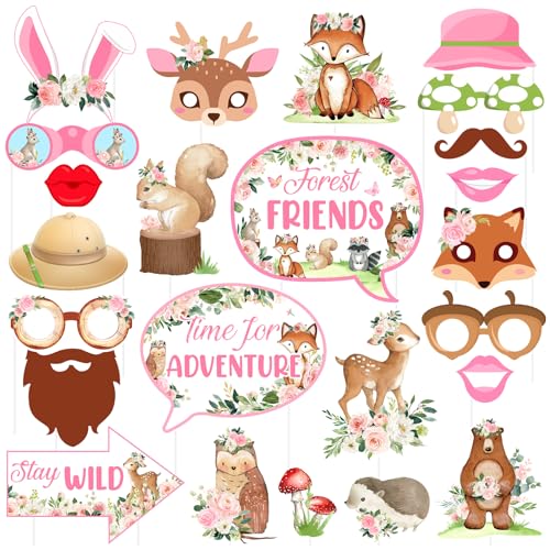 Kreatwow 24pcs Woodland Photo Booth Requisiten für Mädchen Rosa Woodland Tier Party Favors Wald Tier Abenteuer Requisiten Woodland Kreaturen Thema Wild One Birthday Party Supplies von Kreatwow