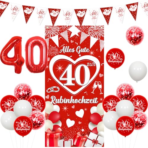 Kreatwow 40 Hochzeitstag Deko Rubinhochzeit Deko Alles Gute 40 Zur Rubinhochzeit Tür Banner Rubin Hochzeit Girland Banner 40th Wedding Anniversary Decorations 40 Folienluftballon für Eltern Paare von Kreatwow