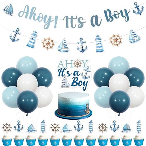 Kreatwow Ahoy Its A Boy Baby Shower Decorations Ahoy Its A Boy Banner Nautical Garland Nautical Baby Shower Decorations for Boy Nautical Cake Decor Balloon Anchor Sailor Theme Baby Shower von Kreatwow