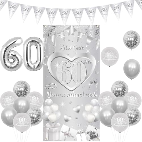 Kreatwow Alles Gute zum 60. Hochzeitstag Alles Gute Zur 60 Diamanthochzeit Tür Banner Diamant-Hochzeitsgirlande Banner Nummer 60 Folienballon 60 Jahre Hochzeitstag Dekor für Eltern Paare von Kreatwow