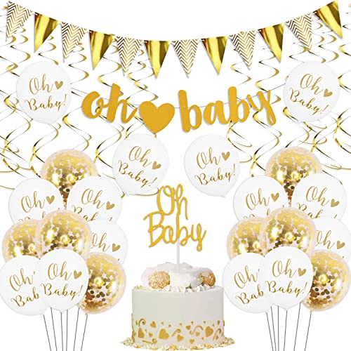 Kreatwow Baby Shower Dekorationen Gold und weiß Geschlecht Neutral Liefert Jungen oder Mädchen mit “oh Baby” Brief Banner Cake Toppers Konfetti Ballons und Gold Swirl Pack von Kreatwow