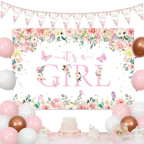 Kreatwow Blumen-Banner für Babypartys, mit Aufschrift "It's A Girl", rosa Blume, Wimpelkette, Banner, Rosa, Blumen-Banner, Luftballons, süßes Rosa, "It's A Girl", Party-Dekoration für Mädchen von Kreatwow