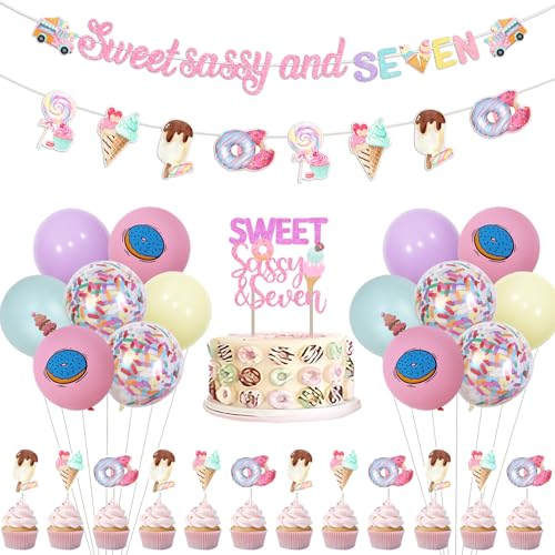 Kreatwow Donut 7th Birthday Party Decor Sweet 7th Birthday Party Decoration Sweet Sassy and Seven Banner Donut Theme Garland Cake Toppers Donut Pastell 7th Birthday Party Decor Ice Cream 7th Birthday von Kreatwow