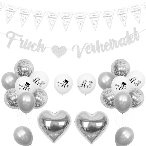 Kreatwow Frisch Verheiratet Deko Just Married Banner Hochzeits Wimpelkette Girland Hochzeitdeko Silbe Newly Married Decorations Herz Folienballon Luftballons Mr & Mrs Deko Brautparty Verlobung Deko von Kreatwow