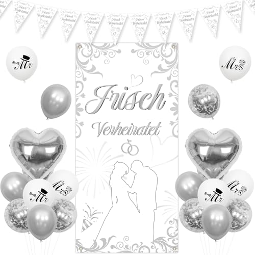 Kreatwow Frisch Verheiratet Deko Just Married Door Banner Hochzeits Girland Banner Hochzeitdeko Silbe Newly Married Decorations Herz Folienballon Luftballons Hochzeits Hintergrund Tür Garten Deko von Kreatwow