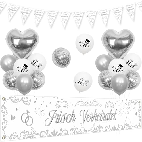 Kreatwow Frisch Verheiratet Deko Just Married Yard Banner Hochzeits Wimpelkette Girland Draußen Hochzeitdeko Silbe Newly Married Decor Herz Folienballon Luftballons Mr & Mrs Deko Brautparty Verlobung von Kreatwow