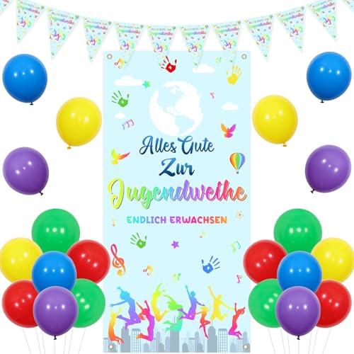 Kreatwow Jugendweihe Deko Alles Gute Zur Jugendweihe Banner Tür Happy Jugendweihe Wimpel Girlande Veranda Banner Endlich Erwachsen Deko Bunte Luftballons für Youth Dedication Junge Mädchen von Kreatwow