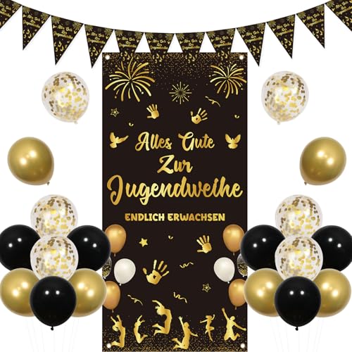 Kreatwow Jugendweihe Deko Schwarz Alles Gute Zur Jugendweihe Banner Tür Happy Jugendweihe Wimpel Girlande Veranda Banner Endlich Erwachsen Party Dekoration Luftballons für Junge MäDchen von Kreatwow