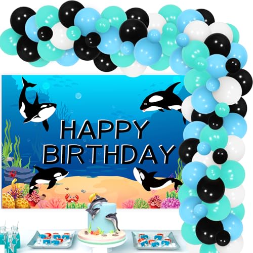 Kreatwow Killer Whale Birthday Party Dekorationen Orca Birthday Backdrop Banner Orca Birthday Party Dekorationen Blau Schwarz Weiß Ballon Girlande Bogen für Junge Mädchen Under The Sea Birthday von Kreatwow