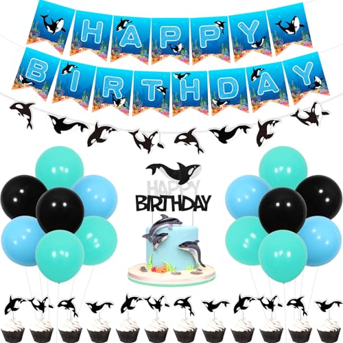 Kreatwow Killer Whale Birthday Party Dekorationen Orca Happy Birthday Banner Orca Birthday Party Dekorationen Whale Girlande Orca Whale Kuchen Cupcake Decor Ballon Sea Animal Party Under The Sea von Kreatwow