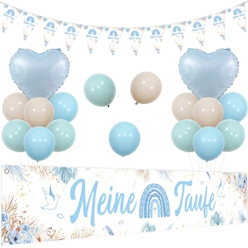 Kreatwow Meine Taufe Deko Junge Blau Taufe Garten Banner My Christening Garland Erstkommunion Kommunion Taufe Party Dekoration Baptism Decorations Boho Herz Folienballon für Outdoor Babyparty von Kreatwow