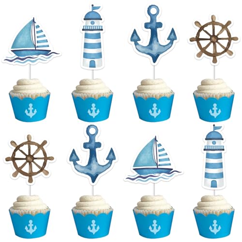 Kreatwow Nautische Kuchendekorationen Nautische Cupcake Topper Nautische Party Dekorationen Seemann Geburtstag Partyzubehör Ozean Marine Thema Party Dekor für 1. Geburtstag Baby Dusche von Kreatwow