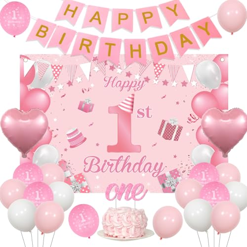 Kreatwow Rosa Happy First Birthday Dekorationen für Mädchen Happy 1st Birthday Hintergrund Banner Neugeborene Mädchen Erster Geburtstag Dekor Happy Birthday Banner Kuchen Topper Herz Ballon Mädchen von Kreatwow