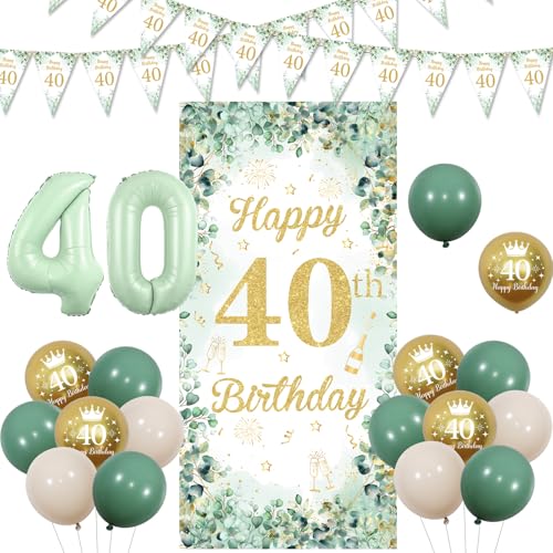 Kreatwow Salbeigrün 40 Geburtstag Türdekorationen Salbeigrün Happy 40th Birthday Türbanner 40 Geburtstag Hintergrund Dekorationen mit Wimpel Banner Nummer 40 Folienballons 40 Jahre alt Geburtstag von Kreatwow