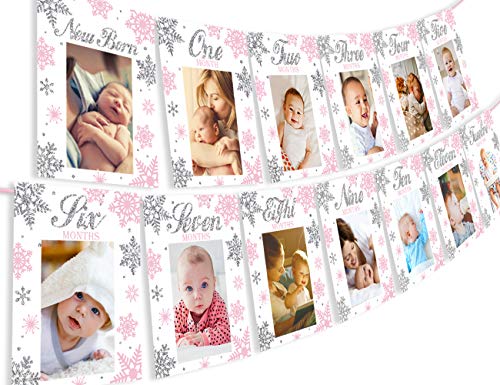 Kreatwow Schneeflocke Winter Onederland Foto Banner - Meilenstein monatlich Neugeborenen bis 12 Monate Foto Banner zum ersten Geburtstag Pink von Kreatwow