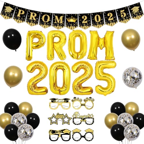 Kreatwow Schwarz Gold Abschlussball 2025 Dekorationen Abschlussball 2025 Folienballon Abschlussbanner 2025 Luftballons Abschlussklasse 2025 Foto Requisiten Congrats Grad Party Supplies Klasse 2025 von Kreatwow