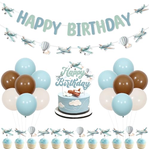 Kreatwow Vintage Flugzeug Geburtstag Party Dekorationen Flugzeug Happy Birthday Banner Girlande Flugzeug Geburtstag Kuchen Topper Zeit fliegt Flugzeug Flugzeug Luftfahrt Geburtstag Ballon von Kreatwow