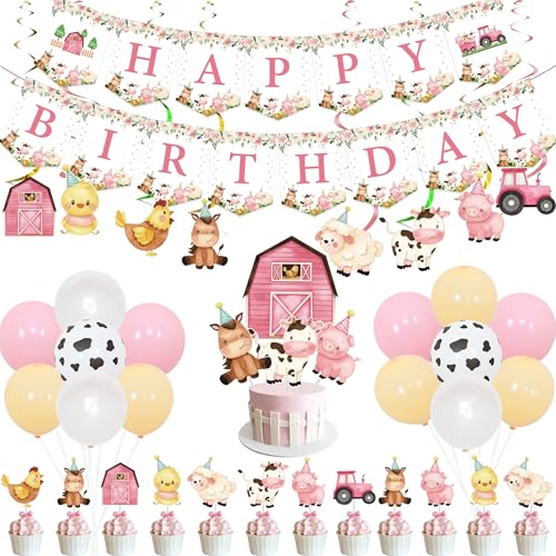 Rosa Bauernhof Tiere Geburtstag Dekorationen für Mädchen Bauernhof Floral Thema alles Gute zum Geburtstag Banner Kuh Schwein Esel Ballons Hanging Swirls Kuchen Cupcake Toppers von Kreatwow