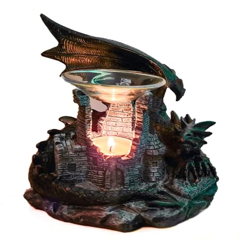 Kremers Schatzkiste Duftlampe Drache 22cm Aromalampe Burgruine Teelichthalter - für Ätherische Öle Duftwachs Duftöl Fantasy Deko Polyresin 19x22x18 cm Geschenk Wohnzimmer Duftstöfchen von Kremers Schatzkiste