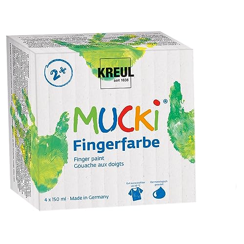 KREUL 2314 - Mucki leuchtkräftige Fingerfarbe, 4 x 150 ml in gelb, rot, blau und grün, parabenfrei, glutenfrei, laktosefrei und vegan, auswaschbar, vermalbar mit Pinsel, Schwamm und Fingern von Kreul