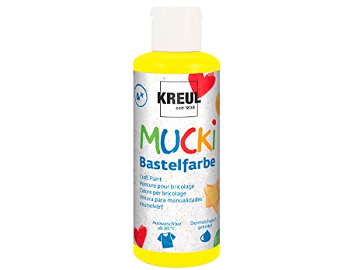 KREUL 24102 - Mucki Bastelfarbe für Kinder, 80 ml in gelb, Kindermalfarbe auf Wasserbasis, parabenfrei, glutenfrei, laktosefrei und vegan, auswaschbar, vermalbar mit Pinsel und Schwamm von Kreul