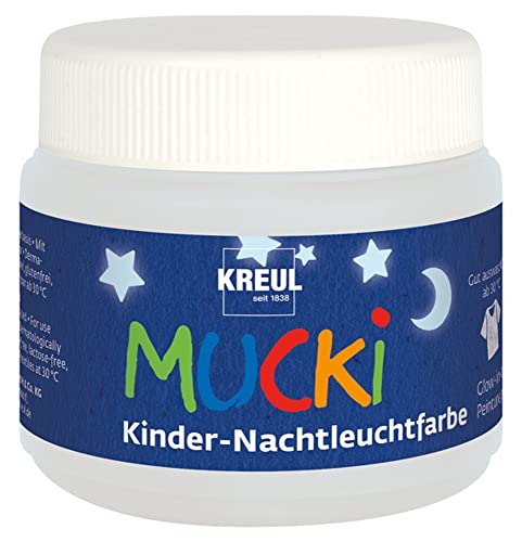 KREUL 24500 - Mucki Kinder Nachtleuchtfarbe, 150 ml Dose, auswaschbare Kindereffektfarbe auf Wasserbasis, parabenfrei, glutenfrei, laktosefrei, vegan, mit Fingern, Pinsel und Spachtel auftragbar von Kreul