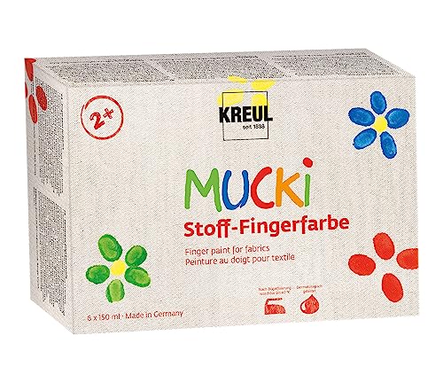 KREUL 28420 - Mucki Stoff-Fingerfarbe, 6 x 150 ml Weiß, Gelb, Rot, Grün, Blau, Violett, leuchtkräftige Farben auf Wasserbasis für Kinder ab 2 Jahren von Kreul