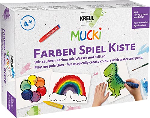 KREUL 29104 - Mucki FarbenSpielKiste, Wir zaubern Farben mit Wasser & Stiften, 6 Papier-Pfiffikus Aquarellmalstifte, 1 Pinsel, 10 Motiv-Karten & QR-Code, 1 Spielanleitung, Malen auf Papier, Karton von Kreul