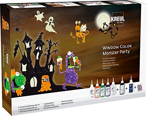 KREUL 42850 - Window Color Set Monster Party, 7 x 80 ml Fenstermalfarben, inkl. schwarze Konturenfarbe & Nachtleuchtfarbe, für kreative Kinder, Gruselspaß am Fenster und Motivvorlagen von Kreul