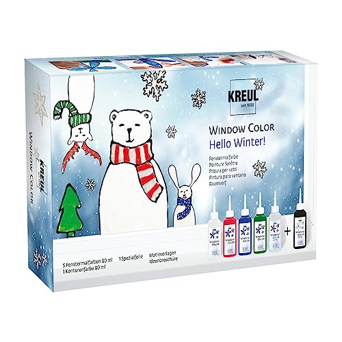 KREUL 42853 - Window Color Set "Hello Winter" für Kinder, 6 x 80 ml Fenstermalfarbe, inkl. schwarze Konturenfarbe, Komplettset mit brillanten Farben, Glitzerfarbton und Motivvorlagen von Kreul