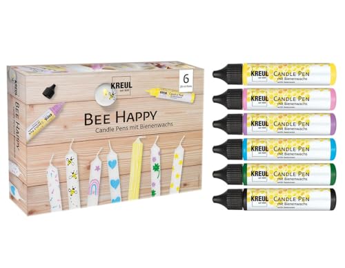 Kreul 49757 - Candle Pen 6er Set Bee Happy, 6 x 29 ml, feine Malspitze, Farben mit Bienenwachs zum Verzieren & Bemalen von Kerzen, Trocknungszeit ca. 8 Stunden, Yellow von Kreul