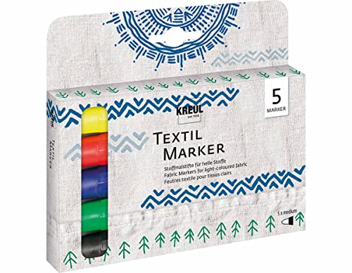 KREUL 90710 - Textil Marker medium, 5 Stoffmalstifte für helle Stoffe, mit großer unempfindlicher Faserspitze, Strichstärke circa 2 bis 4 mm, waschecht nach Fixierung von Kreul