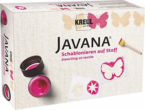 KREUL 91992 - Javana Schablonieren auf Stoff, Kreativ Set für helle und dunkle Stoffe, 2 x 50 ml Farbe in vanille und magenta, 2 Schablonen ca. 7 x 10 cm, 2 Schwammstupfpinsel und Ideenbroschüre von Kreul