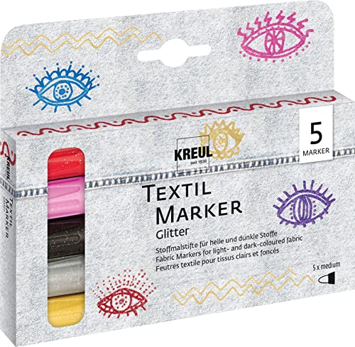 KREUL 92651 - Textil Marker Set Glitter, medium, 5 Stück, Strichstärke 2 bis 4 mm, auf Wasserbasis, halbdeckende Stoffmalstifte mit Glitzereffekt von Kreul