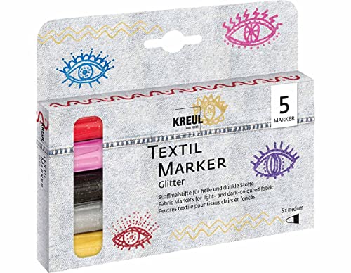 KREUL 92651 - Textil Marker Set Glitter, medium, 5 Stück, Strichstärke 2 bis 4 mm, auf Wasserbasis, halbdeckende Stoffmalstifte mit Glitzereffekt von Kreul