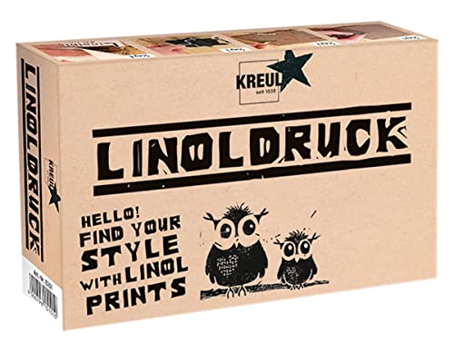 KREUL 15101 - Linoldruckfarben Set, 20 ml Linoldruckfarbe schwarz, 3 Schneidefedern, Griff für Schneidefedern, Linolplatte DIN A6, Glasplatte und Gummiwalze von Kreul