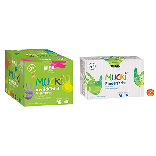 Kreul 2305 - Mucki Fingerfarben Premium Set Wild Child, für Kinder ab 2 Jahren, 8 x 150 ml & 2316 - Mucki leuchtkräftige Fingerfarbe, 6 x 150 ml in gelb, rot, blau, grün, weiß und schwarz von Kreul