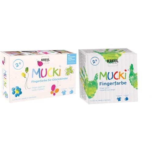 Kreul 23050 - Mucki Fingerfarbe für Glückskinder & 2314 - Mucki leuchtkräftige Fingerfarbe, 4 x 150 ml von Kreul