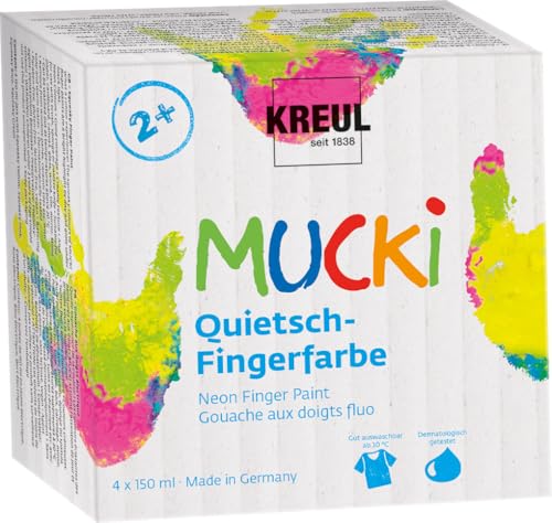 KREUL 2317 - Mucki Quietsch-Fingerfarbe, 4 x 150 ml, Neon-Fingerfarbe auf Wasserbasis, auswaschbar, für Kinder ab 2 Jahren, vegan, parabenfrei, glutenfrei, laktosefrei, nussfrei, titandioxidfrei von Kreul