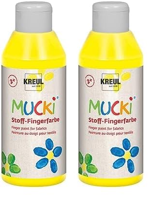 Kreul 28402 - Mucki leuchtkräftige Stoff - Fingerfarbe, 250 ml in gelb, auf Wasserbasis, parabenfrei, glutenfrei, laktosefrei und vegan, optimal für die Anwendung mit Fingern und Händen von Kreul