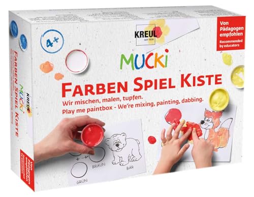 KREUL 29100 - Mucki Fingermalfarbe, Farben Spiel Kiste, Wir mischen, malen, tupfen, Lern- und Spielset, 5 x 50 ml Fingerfarbe, 2 kleine Dosen zum Farbe mischen sowie 10 Malvorlagen von Kreul