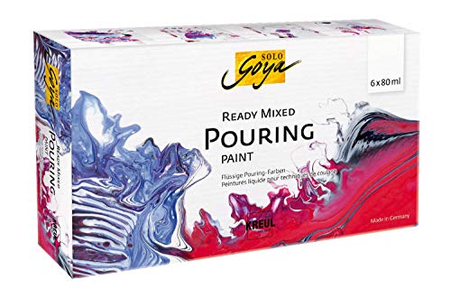 KREUL 87230 - SOLO GOYA Ready Mixed Pouring Set, vorgemischte Pouring Acrylfarbe, 6 Flaschen á 80 ml in weiß, karminrot, magenta, kobaltblau, schwarz und saphirblau, für Gieß- und Fließtechniken von Kreul