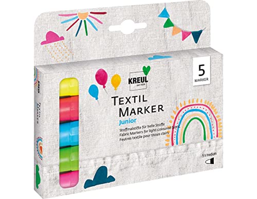 KREUL 90719 - Textil Marker Set Junior, medium, 5 Stück, Strichstärke 2 bis 4 mm, brillante Stoffmalstifte für helle Stoffe, Neonfarbton leuchtet unter Schwarzlicht von Kreul