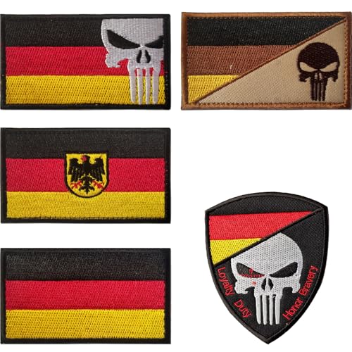 5 Stück Deutsche Flagge Patches Klett Punisher Patch für Kleidung Taschen Rucksack Uniform Weste Hundegeschirr Militär Taktisch Draussen Ausrüstung, Uniform Patch Klett für Rucksäcke Militär von Krilucly